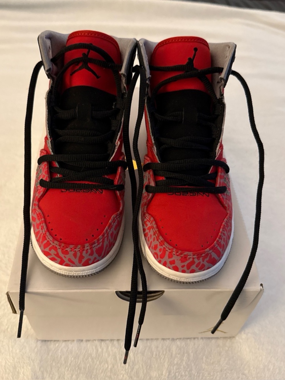 Jordan Kids Red and Black mid Sneakers with Grey Elephant Print